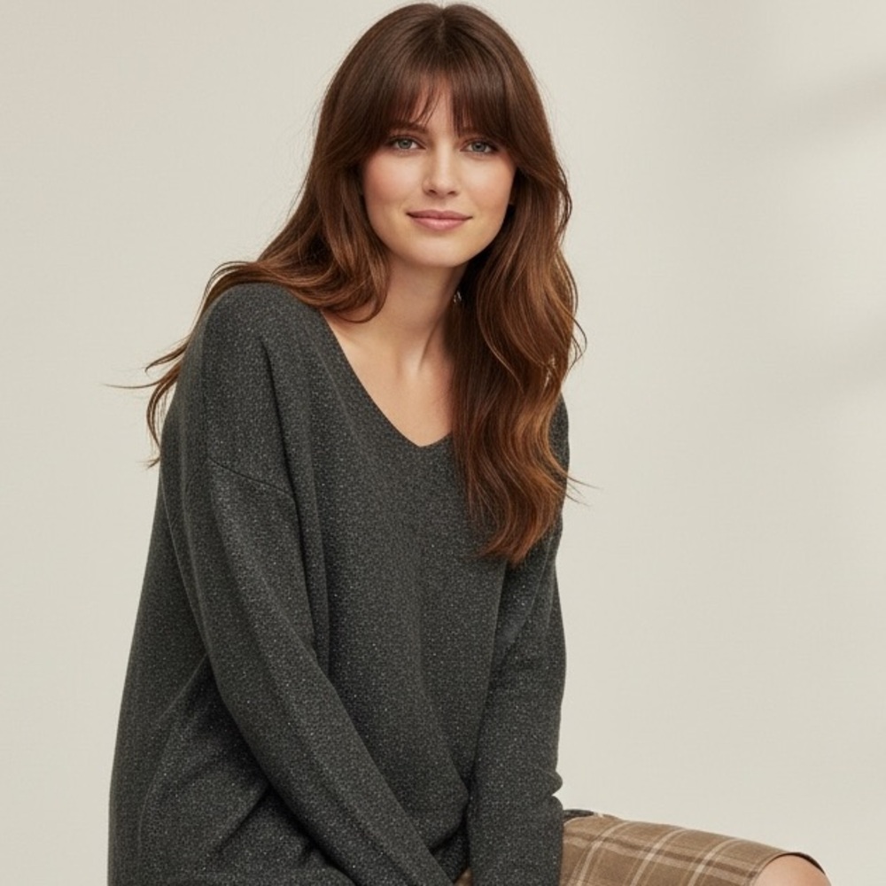 Gap Gray Metallic Soft V-neck High Low Knit Sweater Top Size S